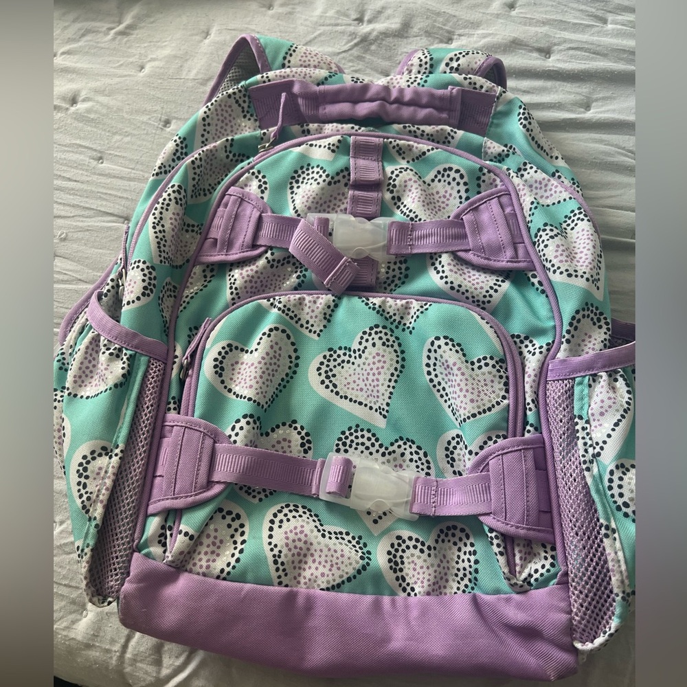 Pottery Barn Kids Purple and Teal Heart Pattern Backpack